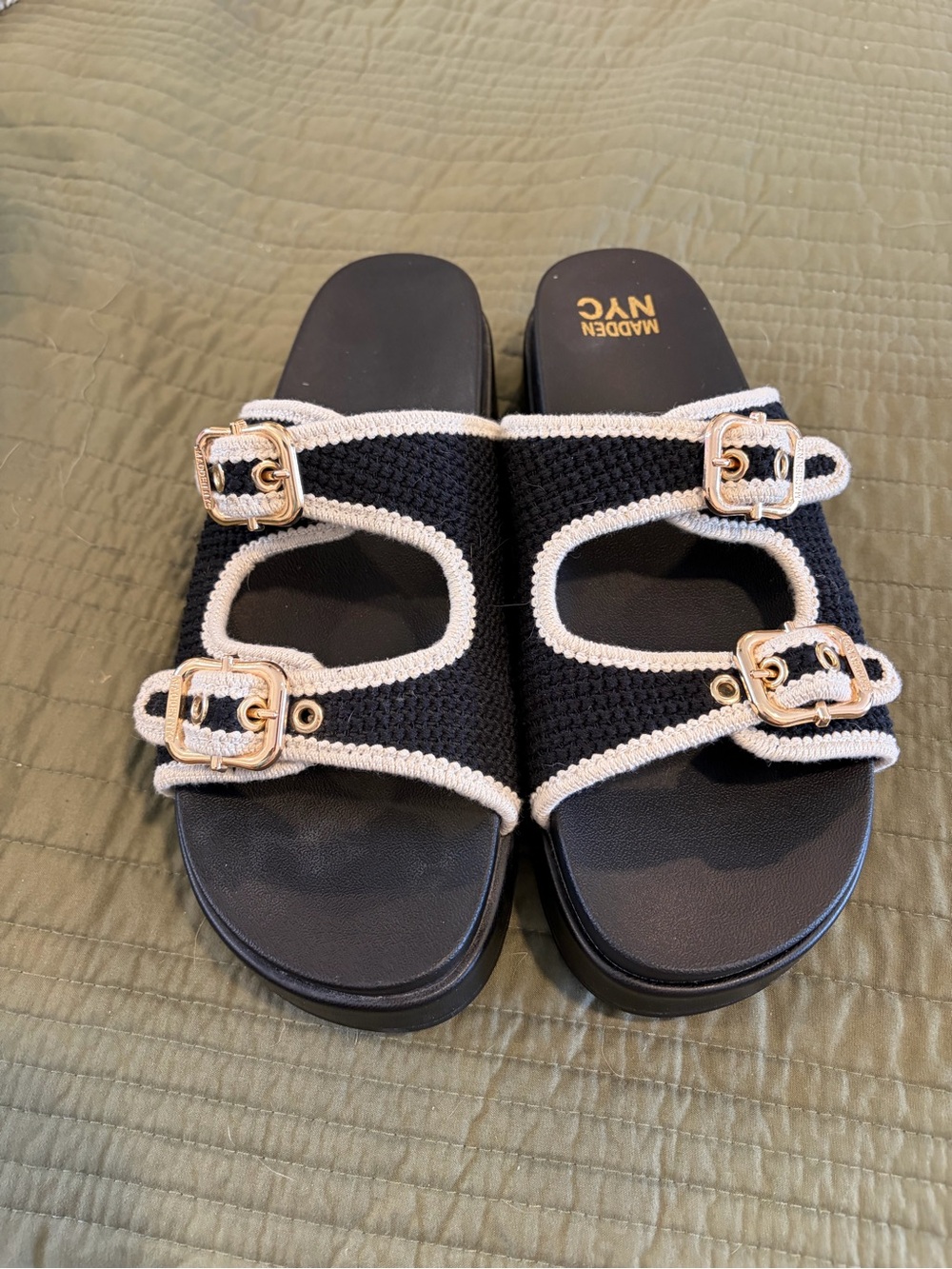 Steve Madden Black Slide Platform Sandals with Gold Buckles